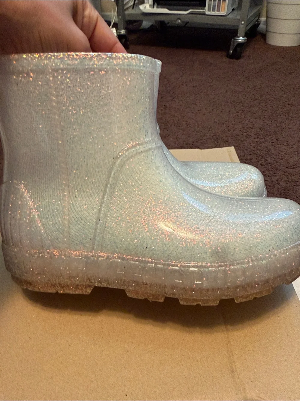 UGG Iridescent Clear Glitter Mid-Calf Rain Boots - White Holographic